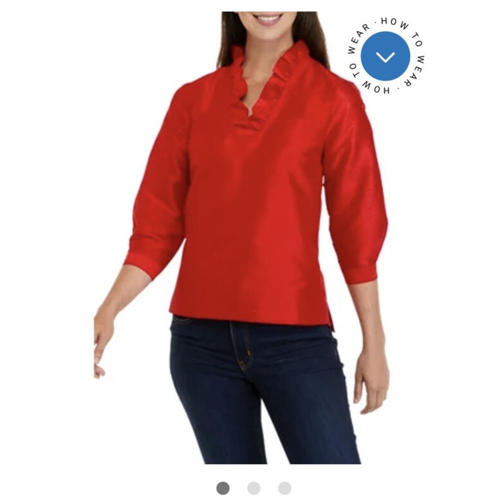 Crown & Ivy Womens Red Shimmer Ruffle Neck Blouse Small Holiday Party Top